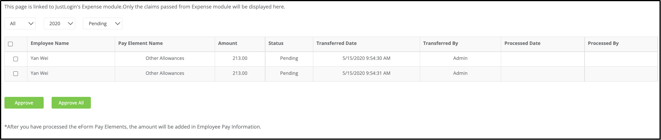 List of reimbursed expense claims