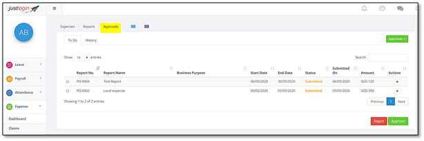 Pending expense reports list