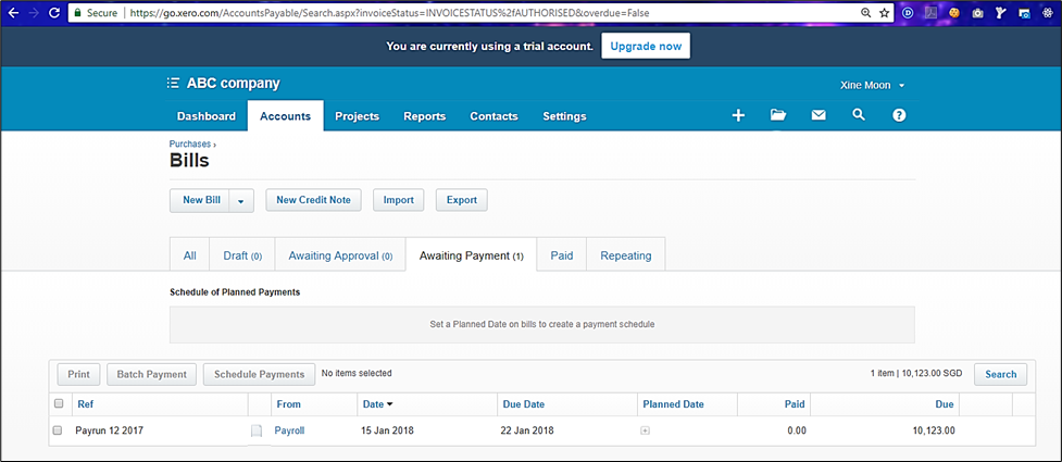Xero Accounts Purchases menu