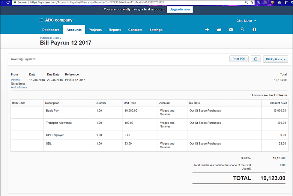 Generated bill in Xero Purchases