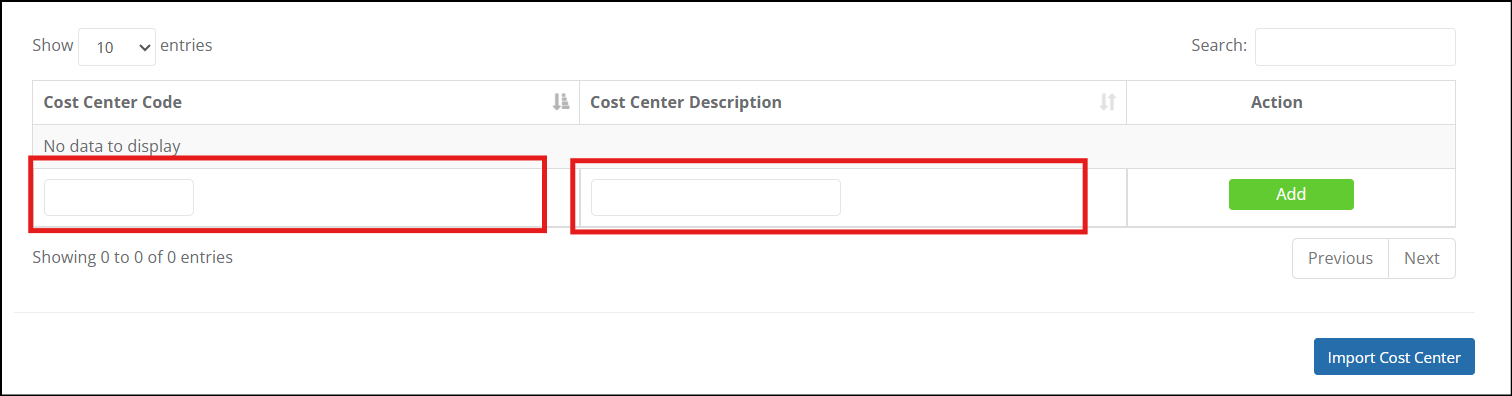 Cost Center Table