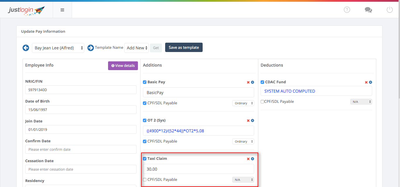 Expense claim shown in Additions column of employee pay details