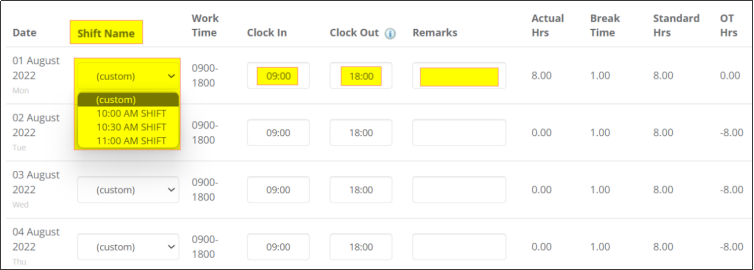 Timesheet data with clock in and clock out records
